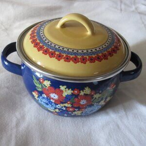 Rare 5" Wide Enameled metal Serving Bowl w/ Lid, Colorful Flowers , Blue /Yellow